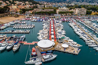 Sky view of the port of La Napoule during the boat show with red carped